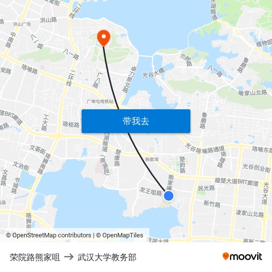 荣院路熊家咀 to 武汉大学教务部 map