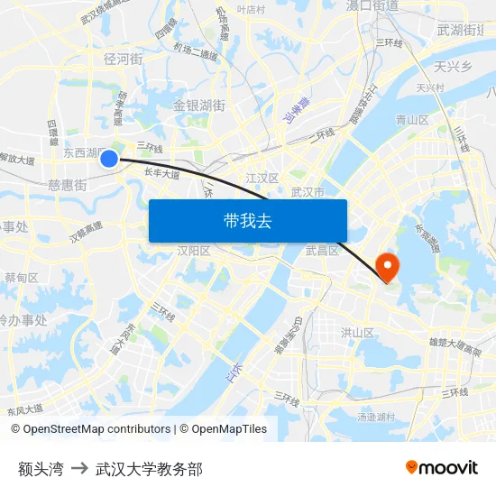 额头湾 to 武汉大学教务部 map