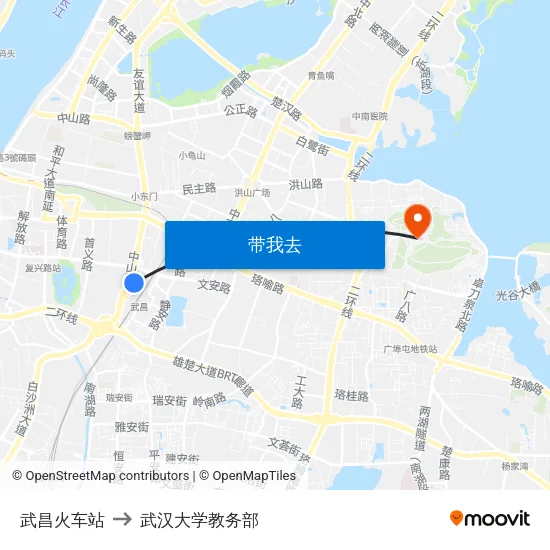 武昌火车站 to 武汉大学教务部 map
