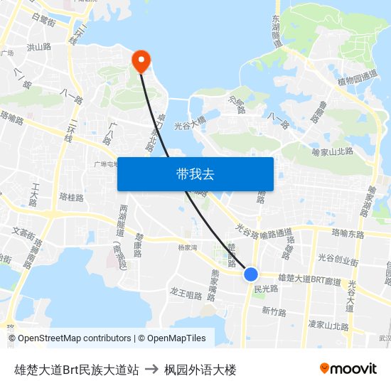 雄楚大道Brt民族大道站 to 枫园外语大楼 map