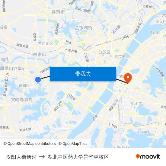 汉阳大街唐河 to 湖北中医药大学昙华林校区 map