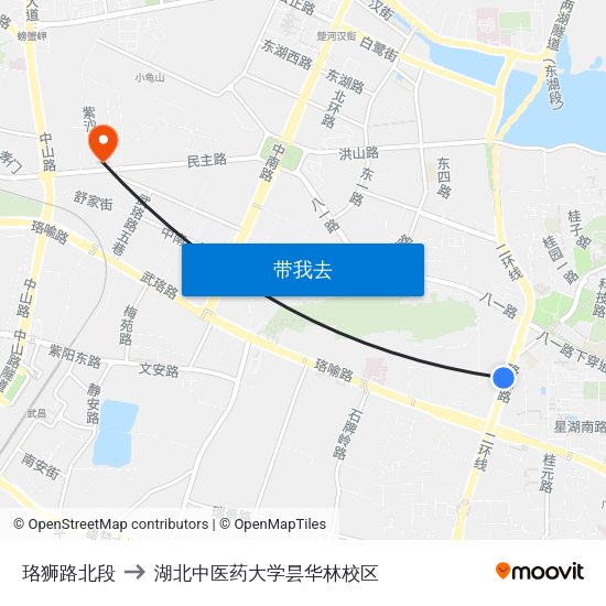 珞狮路北段 to 湖北中医药大学昙华林校区 map