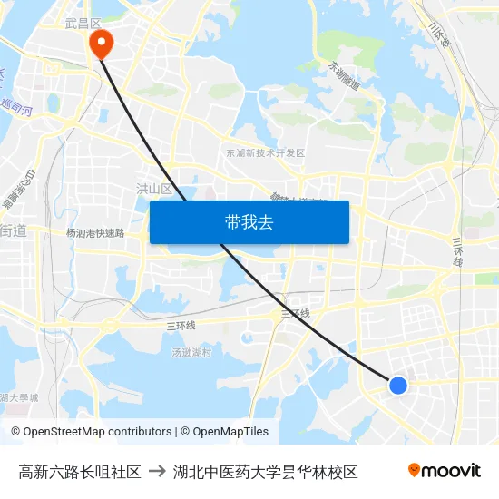 高新六路长咀社区 to 湖北中医药大学昙华林校区 map
