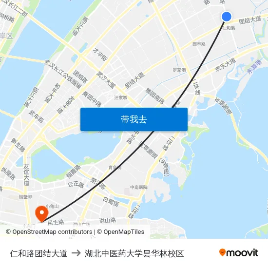 仁和路团结大道 to 湖北中医药大学昙华林校区 map