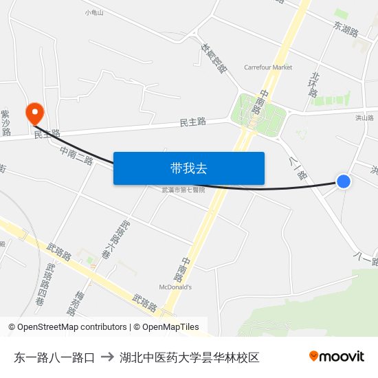 东一路八一路口 to 湖北中医药大学昙华林校区 map