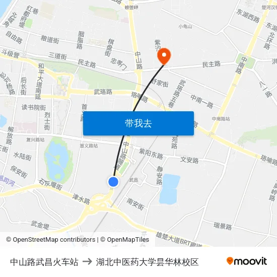 中山路武昌火车站 to 湖北中医药大学昙华林校区 map