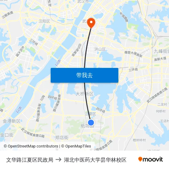 文华路江夏区民政局 to 湖北中医药大学昙华林校区 map