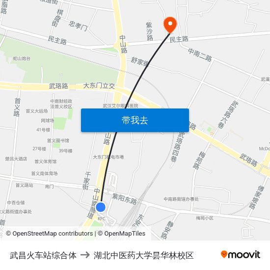 武昌火车站综合体 to 湖北中医药大学昙华林校区 map