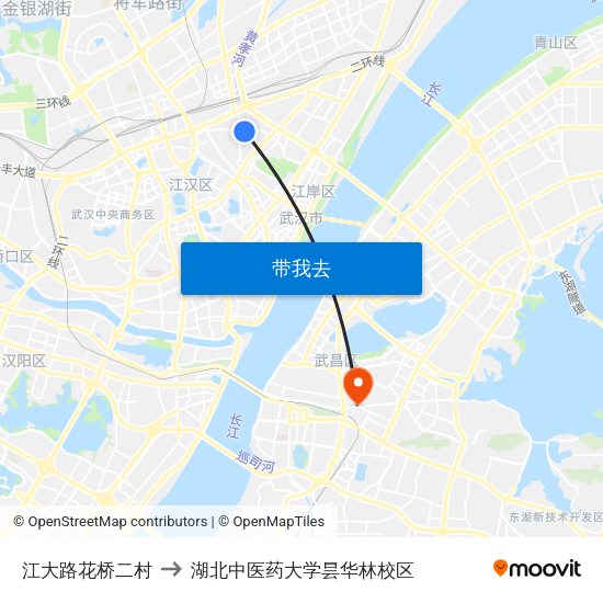 江大路花桥二村 to 湖北中医药大学昙华林校区 map