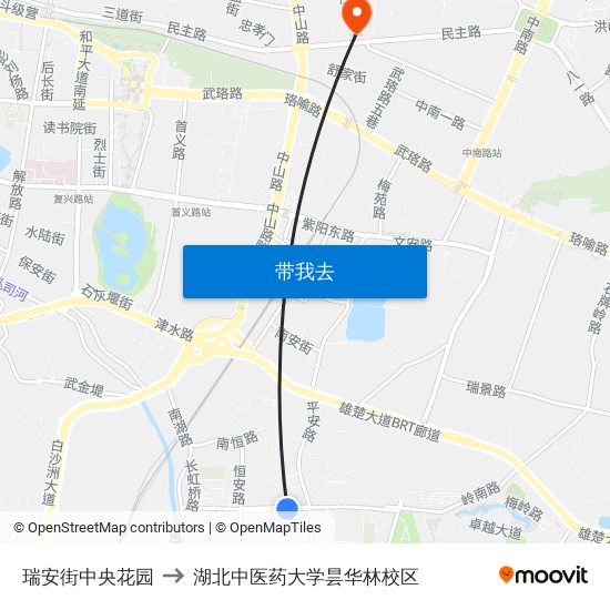 瑞安街中央花园 to 湖北中医药大学昙华林校区 map