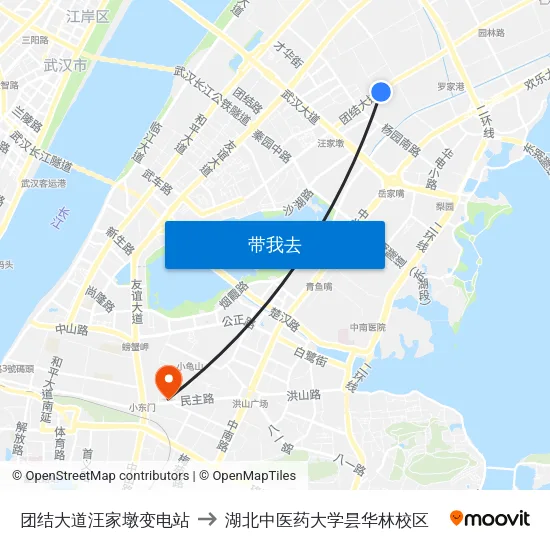 团结大道汪家墩变电站 to 湖北中医药大学昙华林校区 map