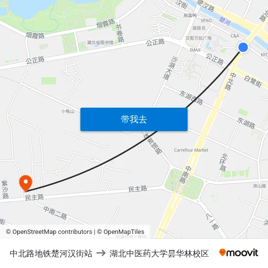 中北路地铁楚河汉街站 to 湖北中医药大学昙华林校区 map