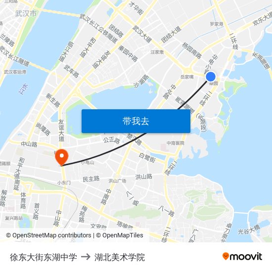 徐东大街东湖中学 to 湖北美术学院 map