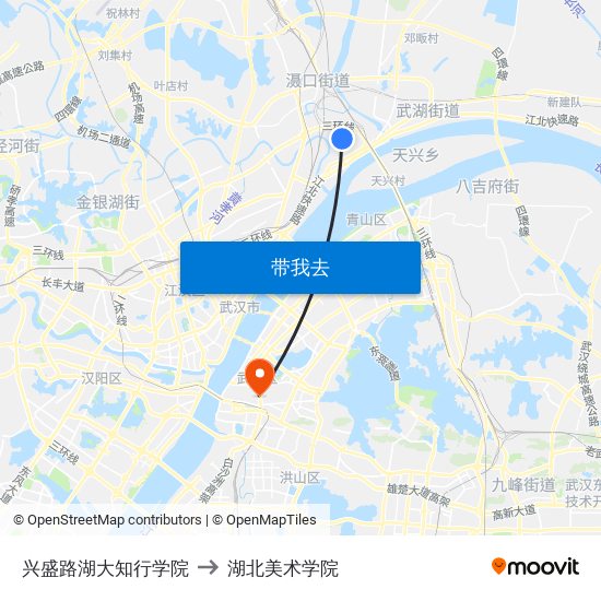 兴盛路湖大知行学院 to 湖北美术学院 map