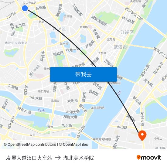 发展大道汉口火车站 to 湖北美术学院 map