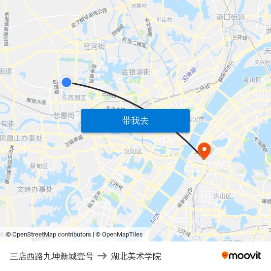 三店西路九坤新城壹号 to 湖北美术学院 map