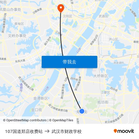 107国道郑店收费站 to 武汉市财政学校 map