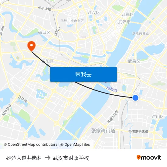 雄楚大道井岗村 to 武汉市财政学校 map