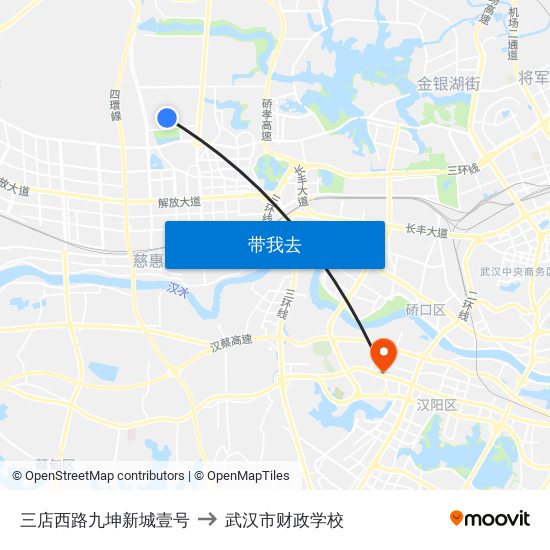 三店西路九坤新城壹号 to 武汉市财政学校 map