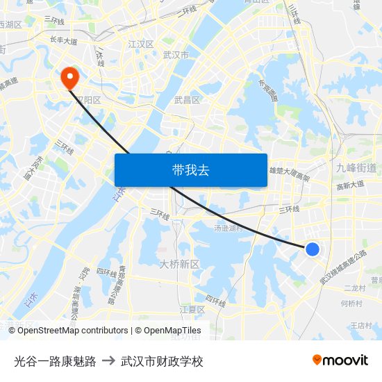 光谷一路康魅路 to 武汉市财政学校 map