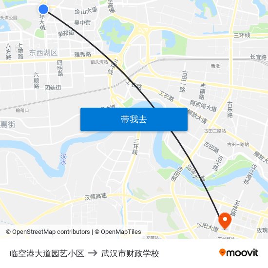 临空港大道园艺小区 to 武汉市财政学校 map