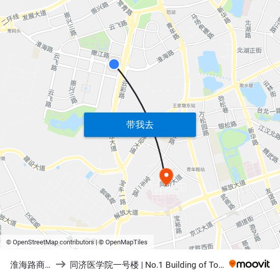 淮海路商务东路 to 同济医学院一号楼 | No.1 Building of Tongji Medical College map