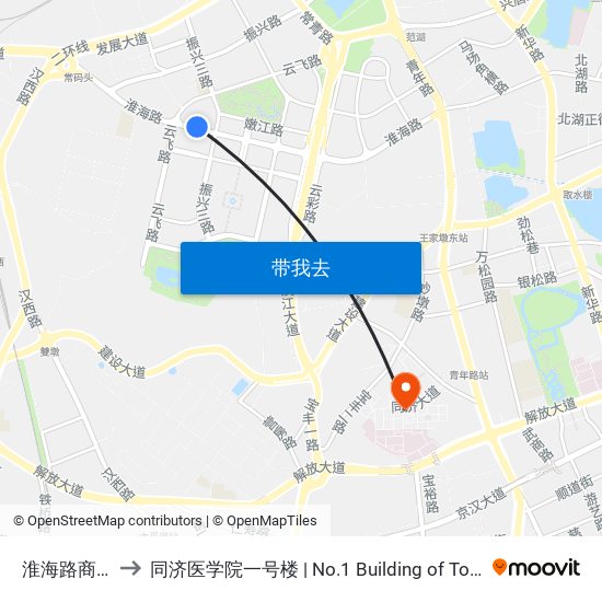 淮海路商务西路 to 同济医学院一号楼 | No.1 Building of Tongji Medical College map