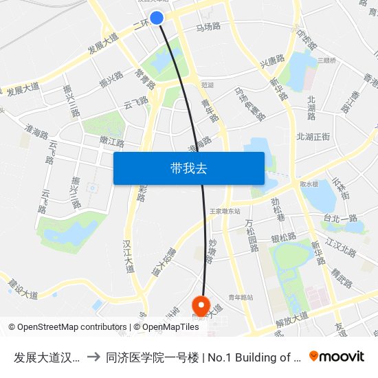 发展大道汉口火车站 to 同济医学院一号楼 | No.1 Building of Tongji Medical College map