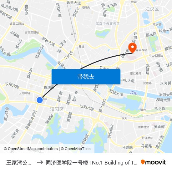 王家湾公交停车场 to 同济医学院一号楼 | No.1 Building of Tongji Medical College map