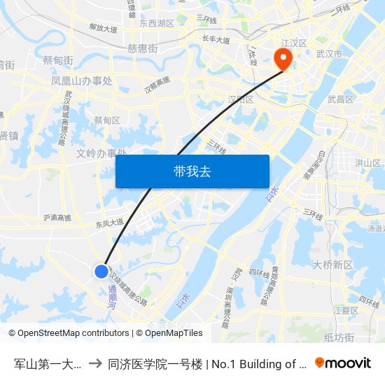 军山第一大道凤凰村 to 同济医学院一号楼 | No.1 Building of Tongji Medical College map