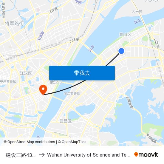 建设三路43街坊 to Wuhan University of Science and Technology map