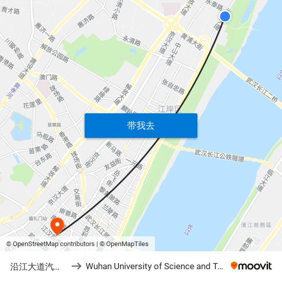 沿江大道汽渡码头 to Wuhan University of Science and Technology map