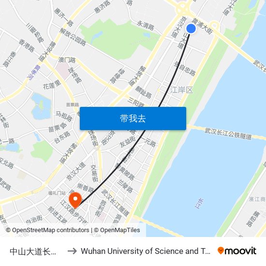 中山大道长江二桥 to Wuhan University of Science and Technology map