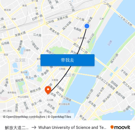 解放大道二七路 to Wuhan University of Science and Technology map