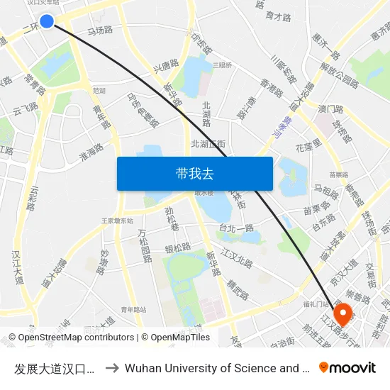 发展大道汉口火车站 to Wuhan University of Science and Technology map