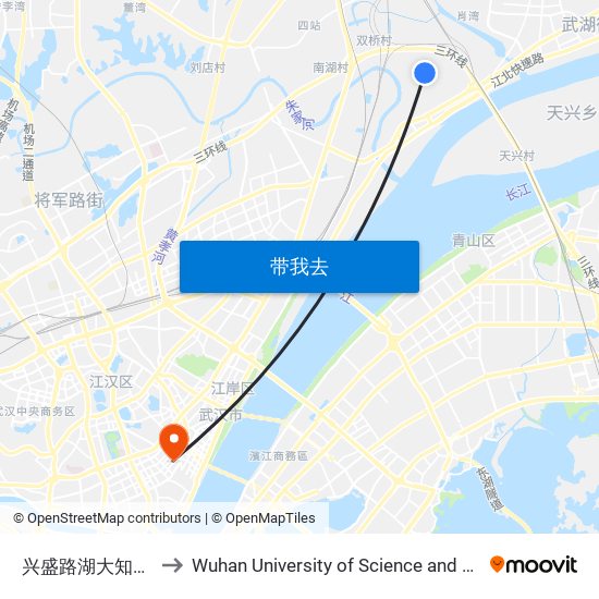 兴盛路湖大知行学院 to Wuhan University of Science and Technology map