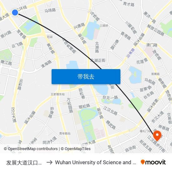 发展大道汉口火车站 to Wuhan University of Science and Technology map