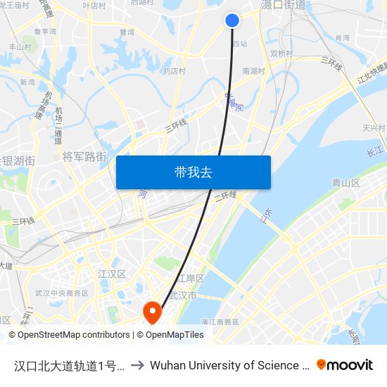 汉口北大道轨道1号线汉口北站 to Wuhan University of Science and Technology map