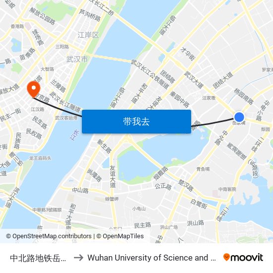 中北路地铁岳家嘴站 to Wuhan University of Science and Technology map