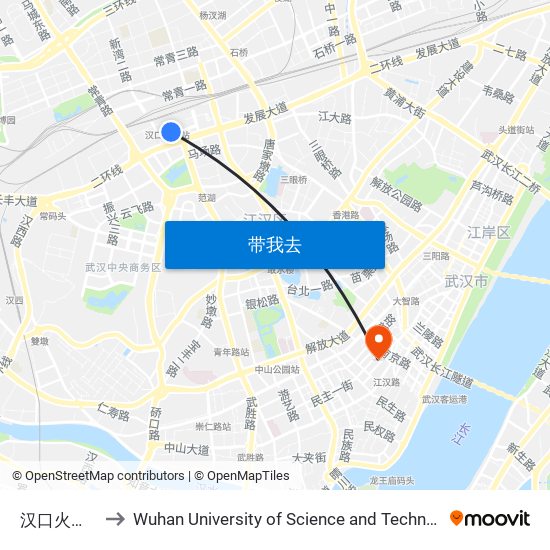 汉口火车站 to Wuhan University of Science and Technology map