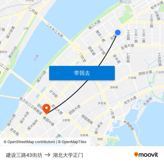 建设三路43街坊 to 湖北大学正门 map