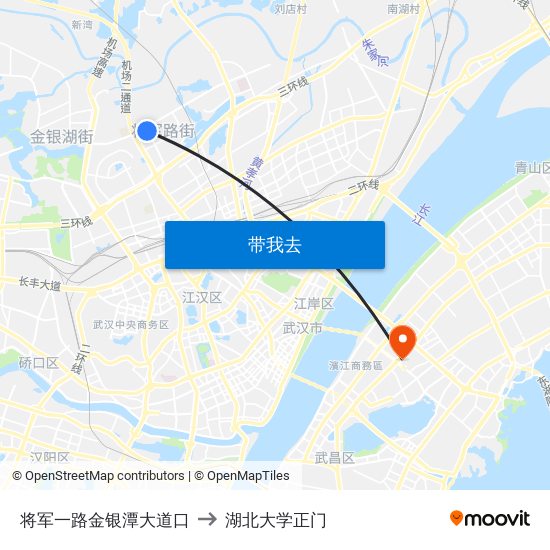 将军一路金银潭大道口 to 湖北大学正门 map