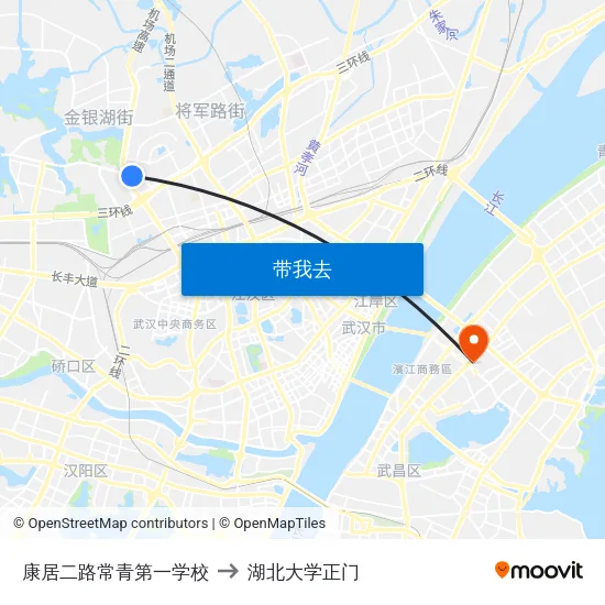 康居二路常青第一学校 to 湖北大学正门 map