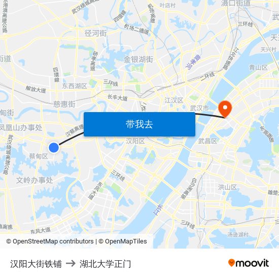 汉阳大街铁铺 to 湖北大学正门 map