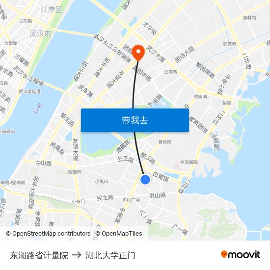 东湖路省计量院 to 湖北大学正门 map