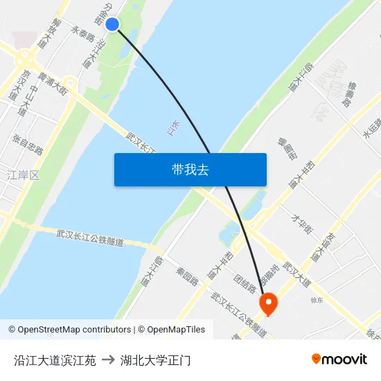 沿江大道滨江苑 to 湖北大学正门 map