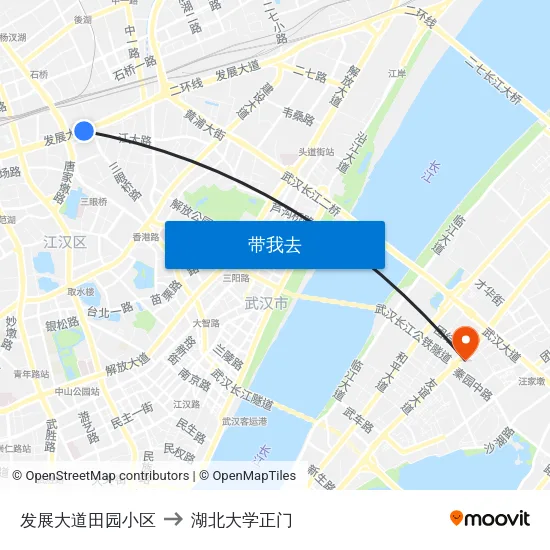 发展大道田园小区 to 湖北大学正门 map