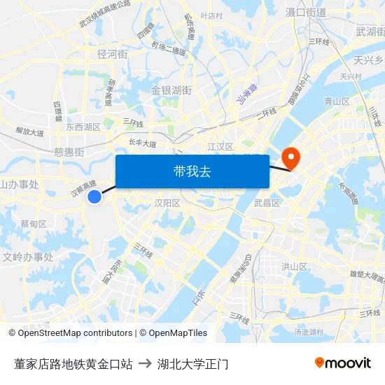 董家店路地铁黄金口站 to 湖北大学正门 map