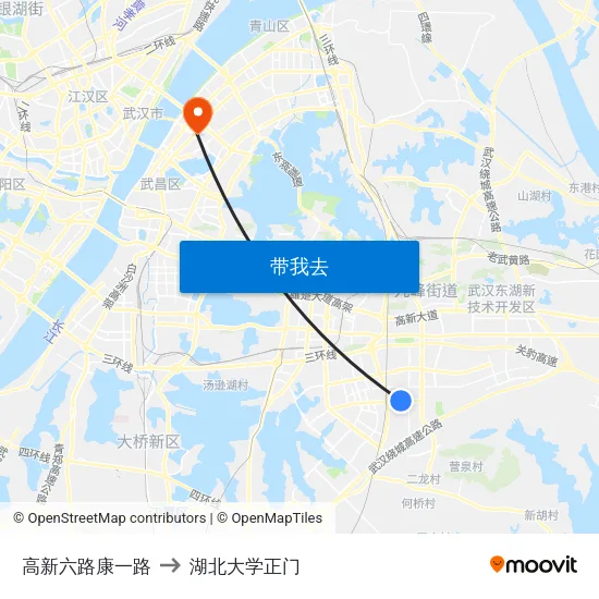 高新六路康一路 to 湖北大学正门 map
