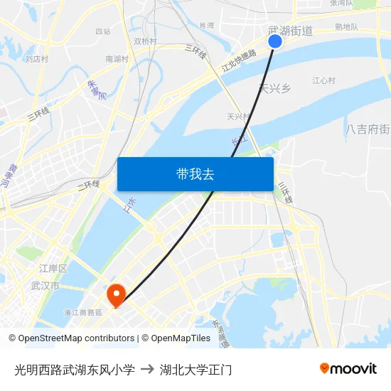 光明西路武湖东风小学 to 湖北大学正门 map